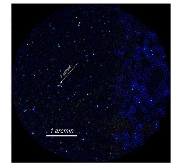 The plane of the Milky Way, recorded with the Chandra satellite in three colours: Photons with energies between 0.5 and 1keV appear red, those between 1 and 3keV green, and those between 3 and 7keV blue. Discrete sources are indicated by circles. Image: Mikhail Revnivtsev
