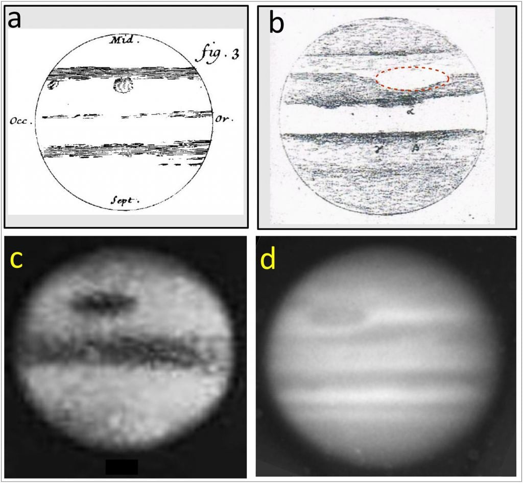 Four views of Jupiter and its GRS. a is a drawing of the Permanent Spot by G. D. Cassini from 19 January 1672. b is a drawing by S. Swabe from 10 May 1851. It shows the GRS area as a clear oval with limits marked by its Hollow (drawn by a red dashed line). c is a Photograph by A. A. Common from 1879. d is a photograph from Observatory Lick with a yellow filter on 14 October 1890. Each image is an astronomical image of Jupiter with south up and east down. Image Credit: Sánchez-Lavega et al. 2024.