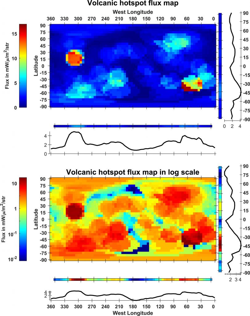 These global volcanic flux maps show the average flux in milliwatts per square meter. The top is on a linear scale, while the bottom is on a logarithmic colour scale. The coloured bars and the line plots beside each map show the average flux projected horizontally (to the right of each map) and the average flux projected vertically (below each map) to show trends in flux by latitude and longitude. Image Credit: Pettine et al. 2024.