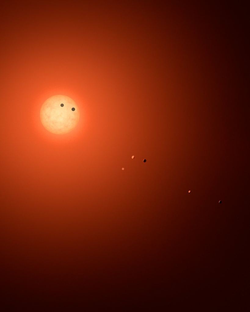 Red dwarfs host more small planets than other types of stars. This is an artist’s impression of the TRAPPIST-1 system, showcasing all seven planets in various phases. Image Credit: NASA/JPL-Caltech