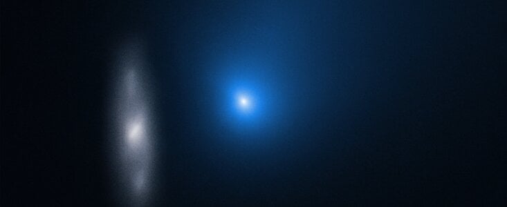 Hubble captured this image of Comet 2I/Borisov in late 2019, as it sped past the Sun at over 175,000 km/h (109,000 mp/h.) That speed makes it one of the fasted comets ever observed. The hazy object on the left is a distant spiral galaxy in the background. Image Credit: NASA, ESA, and D. Jewitt (UCLA)