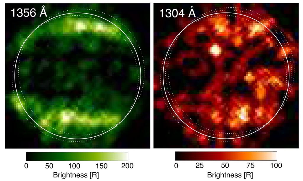 The two ultraviolet images that Hubble took of Ganymede back in 1998. The similarities and differences form the basis form the evidence for the existence of water vapor in the moon's atmosphere.