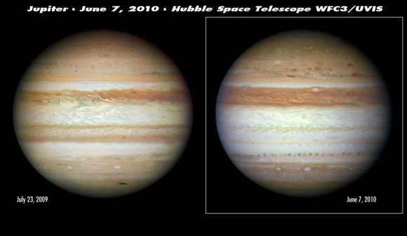 These Hubble images of Jupiter taken 11 months apart show the Southern Equatorial Belt has disappeared. Note the presence of the Great Red Spot. Credit: NASA, ESA, M. H. Wong (University of California, Berkeley, USA), H. B. Hammel (Space Science Institute, Boulder, Colorado, USA), A. A. Simon-Miller (Goddard Space Flight Center, Greenbelt, Maryland, USA) and the Jupiter Impact Science Team.