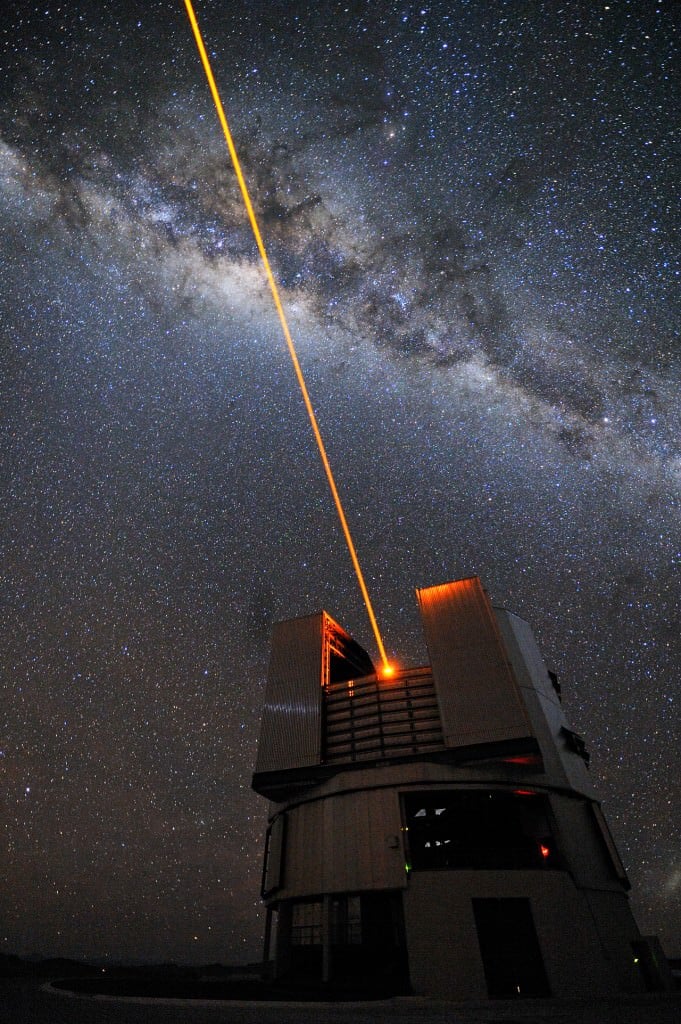 A guide star being used on the 8.2-m Very Large Telescope (Yepun) to image M33, and deduce the distance to that galaxy (image credit: ESO).