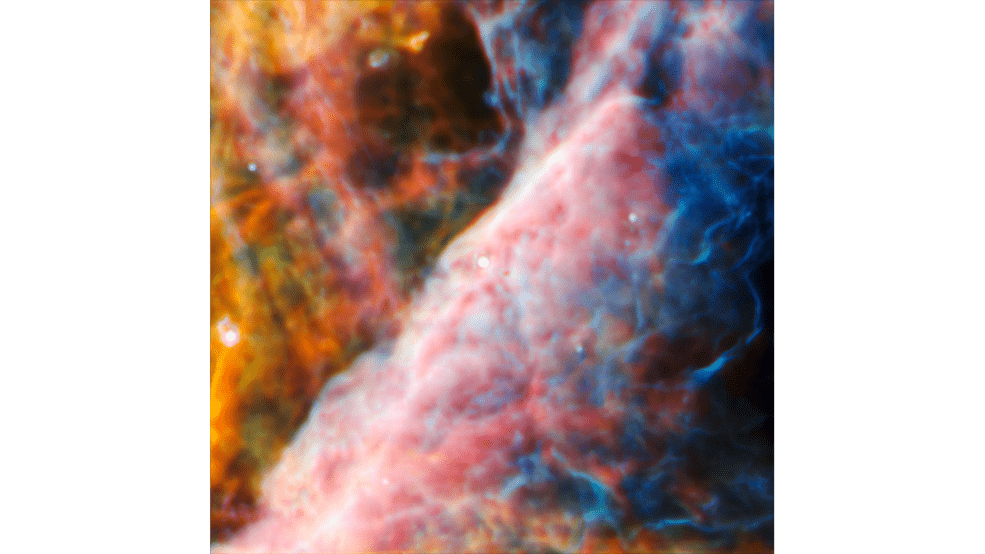 The Orion Bar region where JWST observed the methyl cation molecule that underpins the building blocks of life. Courtesy ESA/Webb, NASA, CSA, M. Zamani (ESA/Webb), PDRs4ALL ERS Team