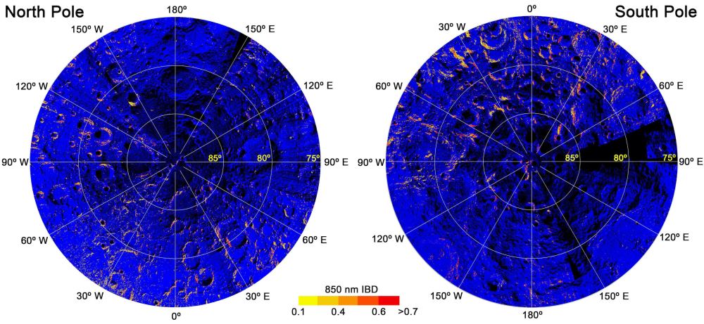 This image from the study is a map of hematite on the moon. The redder color means more hematite is present. Credit: Shuai Li