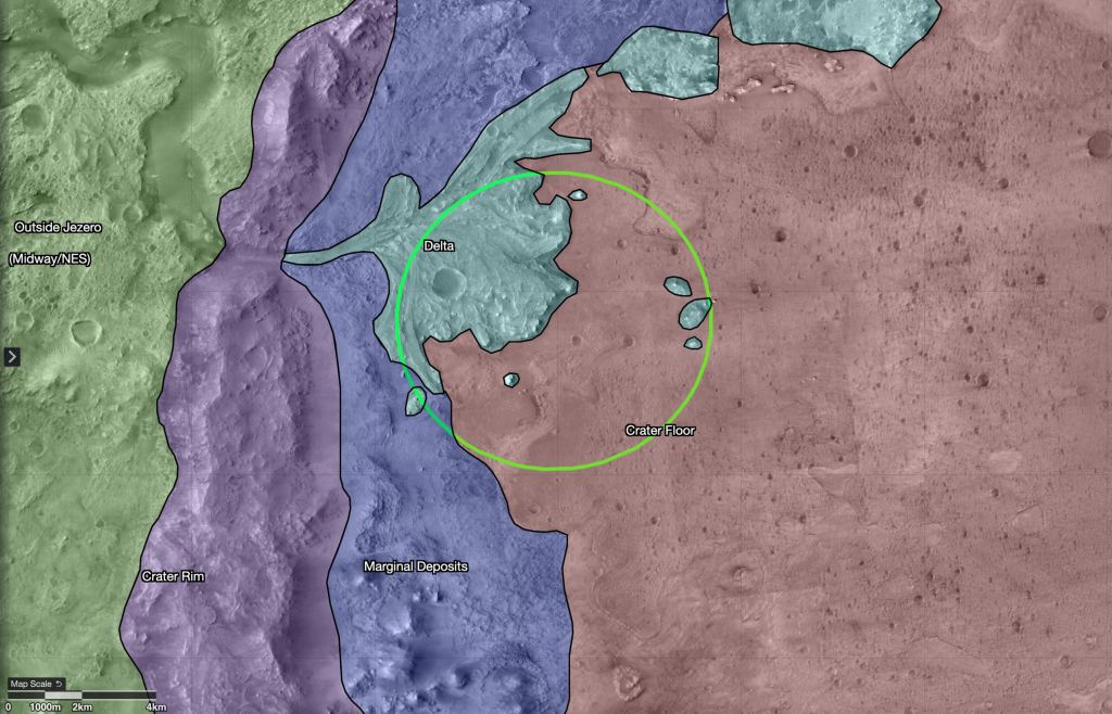 This image shows Perseverance's landing ellipse (green circle) and the different regions in the Jezero Crater. The rover is currently exploring the crater rim, shown in purple. Image Credit: NASA/JPL-Caltech/USGS/University of Arizona