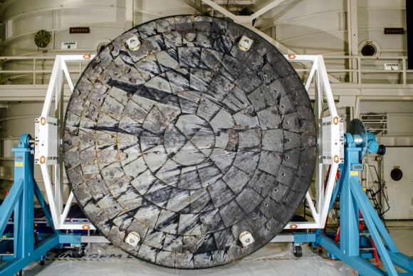 The heat shield retrieved after the Artemis 1 test flight to the Moon. Crews inspected it to understand what caused it to char. Courtesy: NASA.