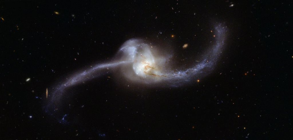This is a Hubble telescope image of NGC 2623, a late-stage merger between two spiral galaxies. Mergers compress the gas in both galaxies triggering a spike in active star formation. But some distant galaxies experience intense star formation not triggered by mergers, and it's difficult to differentiate between the two. Image Credit: By ESA/Hubble, CC BY 4.0, https://commons.wikimedia.org/w/index.php?curid=63401428