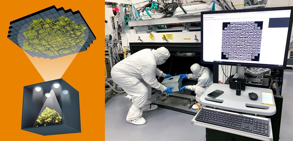 Using a pinhole projector, SLAC's Yousuke Utsumi, right, and Aaron Roodman project the first images onto the focal plane of the LSST Camera. Among the first objects photographed was a head of Romanesco, seen here, chosen for its very detailed texture. Image Credit: Jacqueline Orrell/SLAC National Accelerator Laboratory.