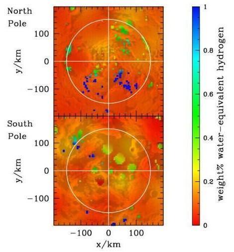 A map showing the north and south polar regions of the moon. The dark blue shaded areas represent the highest concentrations of hydrogen. Credit: Dr Vincent Eke, Durham University/NASA