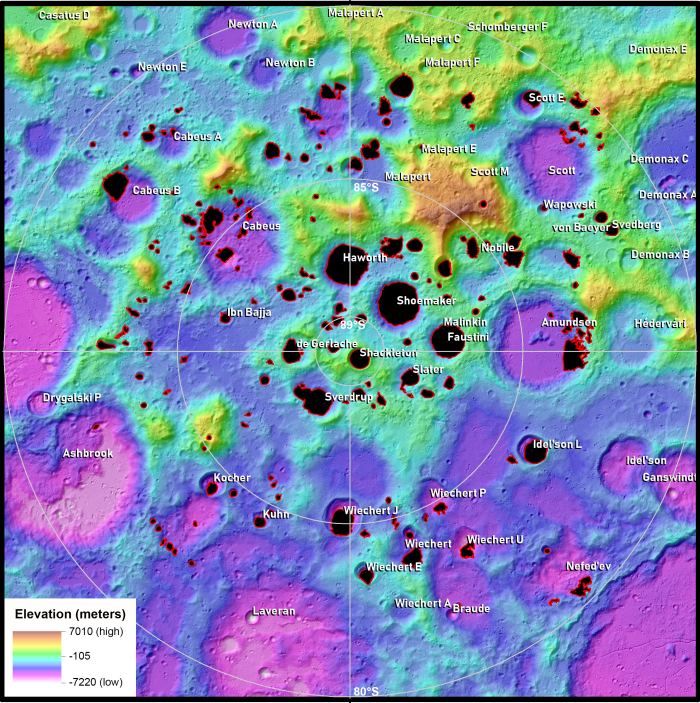 This image from the Lunar and Planetary Institute shows the permanently shadowed regions in craters on the Moon's south pole. Image Credit: Stopar J. and Meyer H. (2019) Topography and Permanently Shaded Regions (PSRs) of the Moon’s South Pole (80°S to Pole), Lunar and Planetary Institute Regional Planetary Image Facility, LPI Contribution 2170