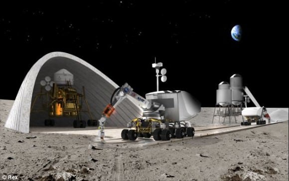 Artist's concept for a lunar base using construction robots and a form of D printing contour-crafitng.