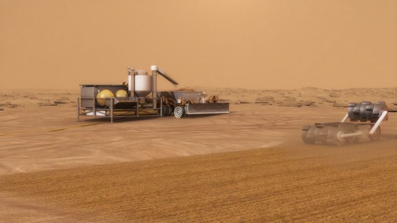 An illustration of an ISRU system concept for autonomous robotic excavation and processing of Mars soil to extract water for use in exploration missions.
Credits: NASA