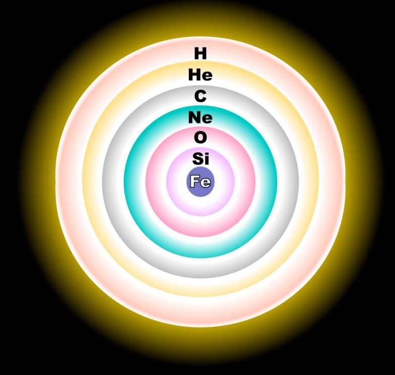 It's not to scale, but this schematic shows the onion-like layers of a massive evolved star just before it collapses. Each concentric shell of plasma is burning inside the star. Image Credit: By User: Rursus - R. J. Hall, CC BY 2.5, https://commons.wikimedia.org/w/index.php?curid=2565862