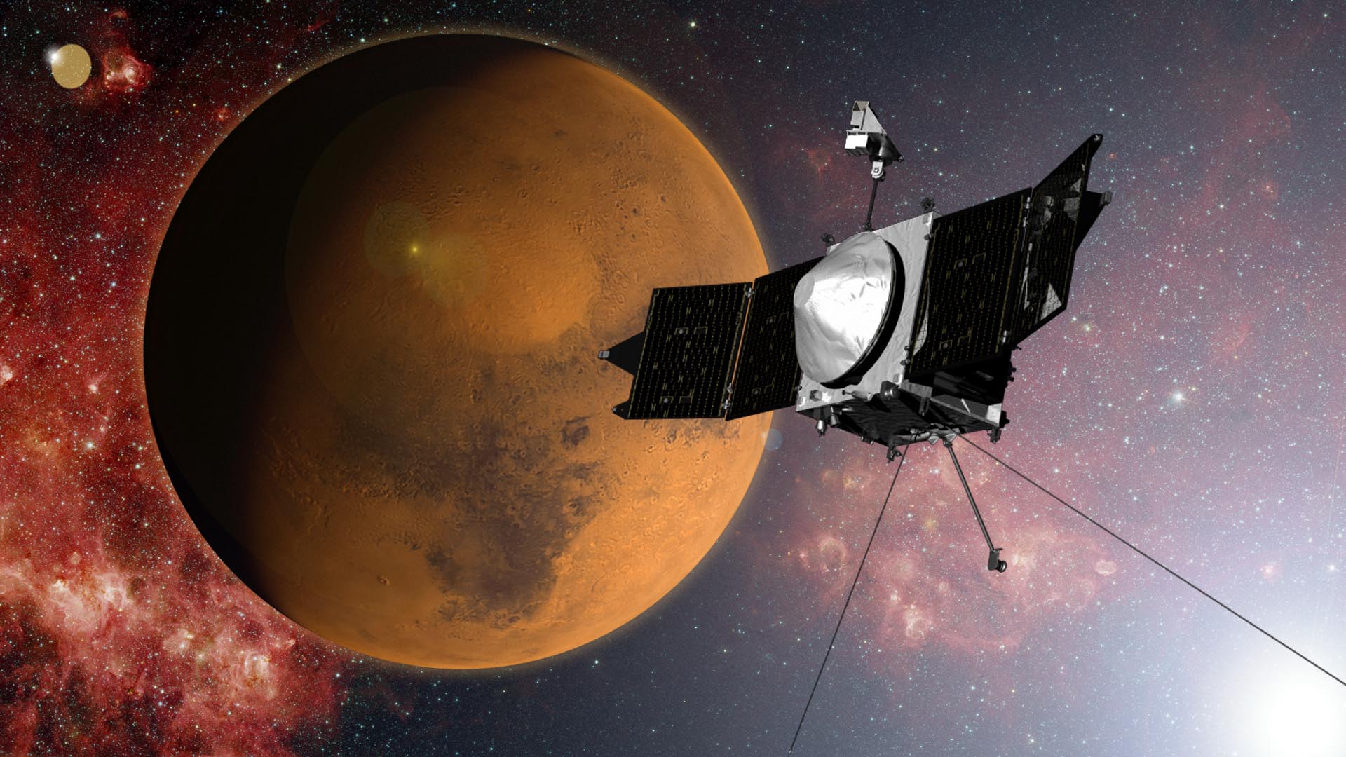 An illustration of NASA's MAVEN spacecraft arriving at Mars. Image Credit: NASA/GSFC