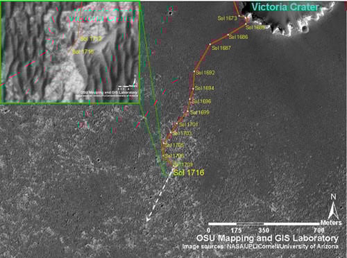 Opportunity's traverse map through Sol 1716 As of sol 1707 (Nov. 11, 2008), Opportunity's total odometry was 13,493.85 meters (8.38 miles).