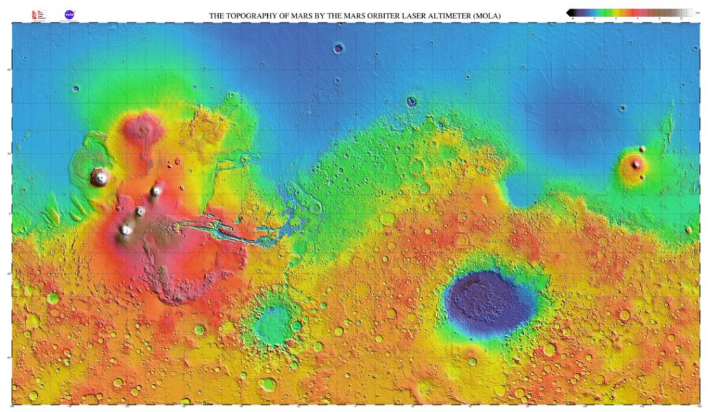Elevation map of Mars, based on data obtained by the Mars Global Surveyor's MOLA instrument. The northern hemisphere is a smooth plain with a lower elevation than the southern hemisphere. Image Credit: NASA/GSFC