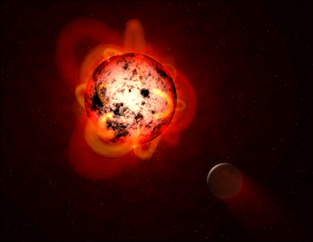 Artist's impression of a flaring red dwarf star orbited by an exoplanet. Credit: NASA, ESA, and G. Bacon (STScI)