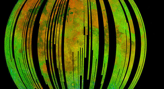 Near-infrared image of the Moon's surface by NASA's Moon Mineralogy Mapper on the Indian Space Research Organization's Chandrayaan-1 mission. The mapper helped identify water- and hydroxyl-rich areas on the lunar surface.
Image credit: ISRO/NASA/JPL-Caltech/Brown Univ./USGS