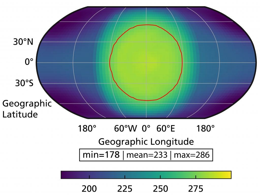 This figure shows the projected temperature across Wolf 1069 b's dayside in Kelvin if it has an Earth-like atmosphere. Image Credit: Kossakowski et al. 2023.