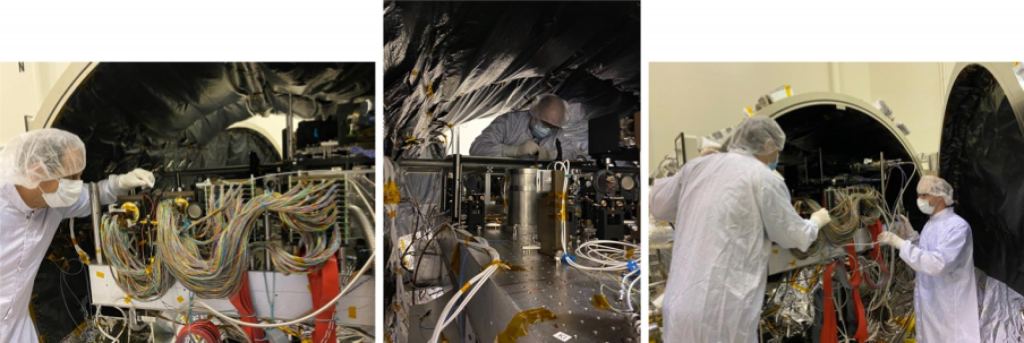 These images show MSWC being tested at the High Contrast Imaging Testbed (HCIT) at NASA’s Jet Propulsion Laboratory. MSWC team members Eduardo Bendek, Ruslan Belikov, Dan Sirbu, and David Marx are pictured from left to right. Image Credit: NASA.
