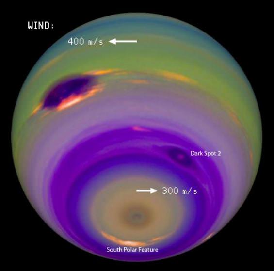 In this image, the colors and contrasts were modified to emphasize the planet’s atmospheric features. The winds in Neptune’s atmosphere can reach the speed of sound or more. Neptune’s Great Dark Spot stands out as the most prominent feature on the left. Several features, including the fainter Dark Spot 2 and the South Polar Feature, are locked to the planet’s rotation, which allowed Karkoschka to precisely determine how long a day lasts on Neptune. (Image: Erich Karkoschka)