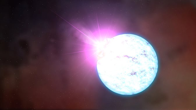 Artist impression of the pulse from a massive neutron star being delayed by the passage of a white dwarf star between the neutron star and Earth. Credit: BSaxton, NRAO/AUI/NSF