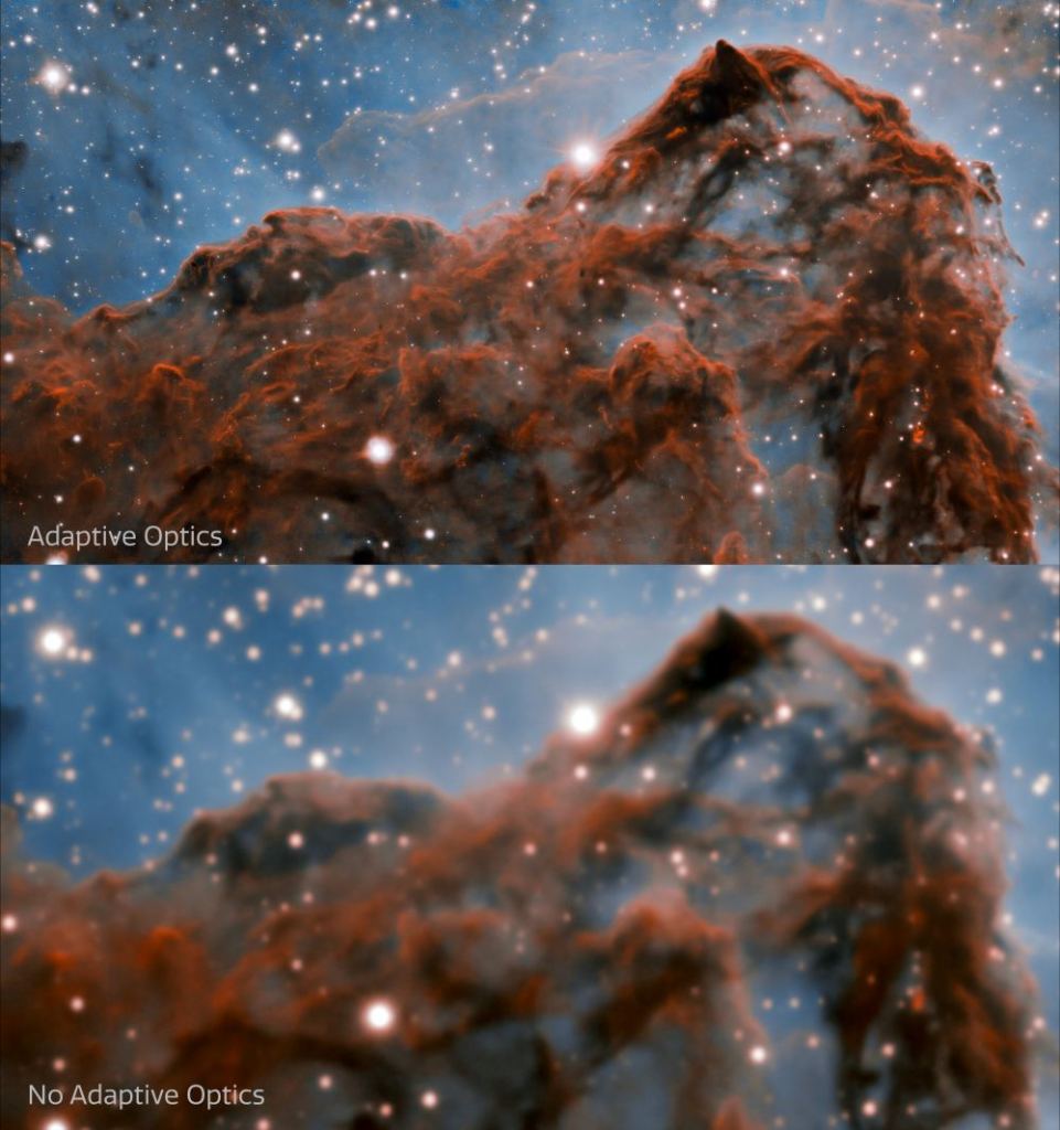 This image shows a comparison of the new image (top) of the western wall of the Carina Nebula taken by the international Gemini Observatory, a Program of NSF’s NOIRLab, and an image of the same region without Adaptive Optics (bottom). Top image credit: Gemini South Telescope. Bottom image: Inter-American Observatory.