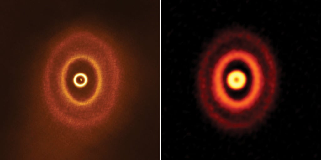ALMA images of the planet-forming disk with misaligned rings around triple star system GW Orionis. The image on the right is made with ALMA data taken in 2017 from Bi et al. The image on the left is made with ALMA data taken in 2018 from Kraus et al.
Credit: ALMA (ESO/NAOJ/NRAO), S. Kraus & J. Bi; NRAO/AUI/NSF, S. Dagnello