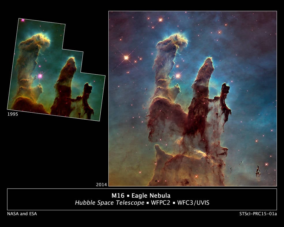 This image compares two Hubble Space Telescope images of the Pillars of Creation taken nearly 20 years apart. The second one is a wider field of view in optical light. Image Credit: NASA/ESA/STScI