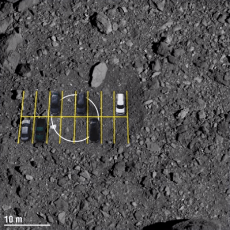 One of the four potential sampling sites with a parking lot overlaid for scale. Image Credit: NASA/Goddard/University of Arizona