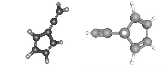 Researchers found the complex, five-sided molecules fulvenallene (L) and ethynylcyclopentadiene (R) in the starless core TMC-1. Image Credit: NIH