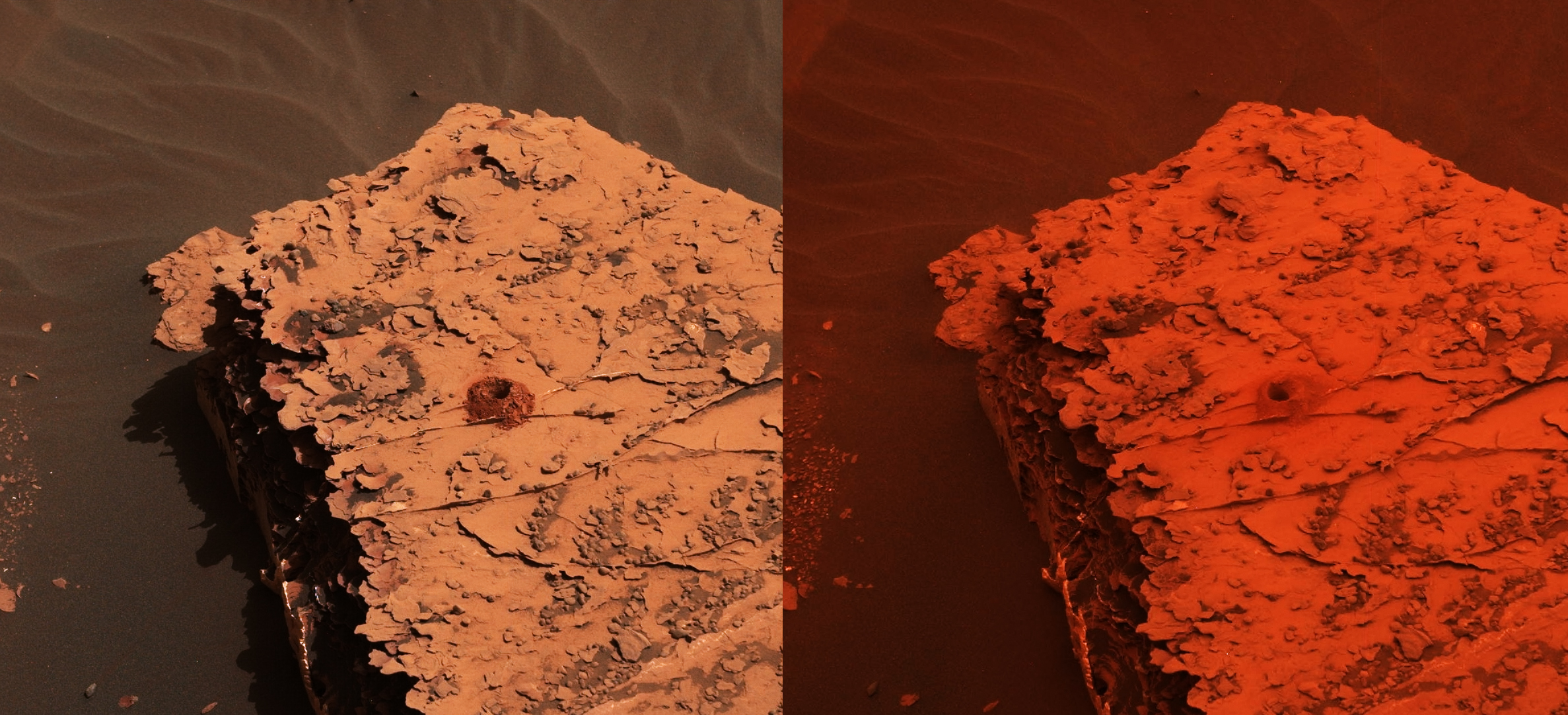 Images of a drill site from NASA's Curiosity rover. The image on the left was taken during normal Mars daytime, prior to the 2018 global dust storm. The image on the right was captured when the global dust storm was in full effect. Image Credit:
NASA/JPL-Caltech/MSSS