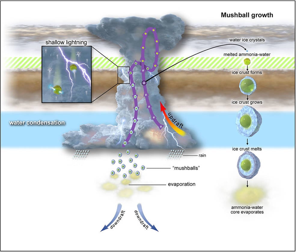 Graphic depicting the rain cycle on Jupiter that involves ammonia hailstones.