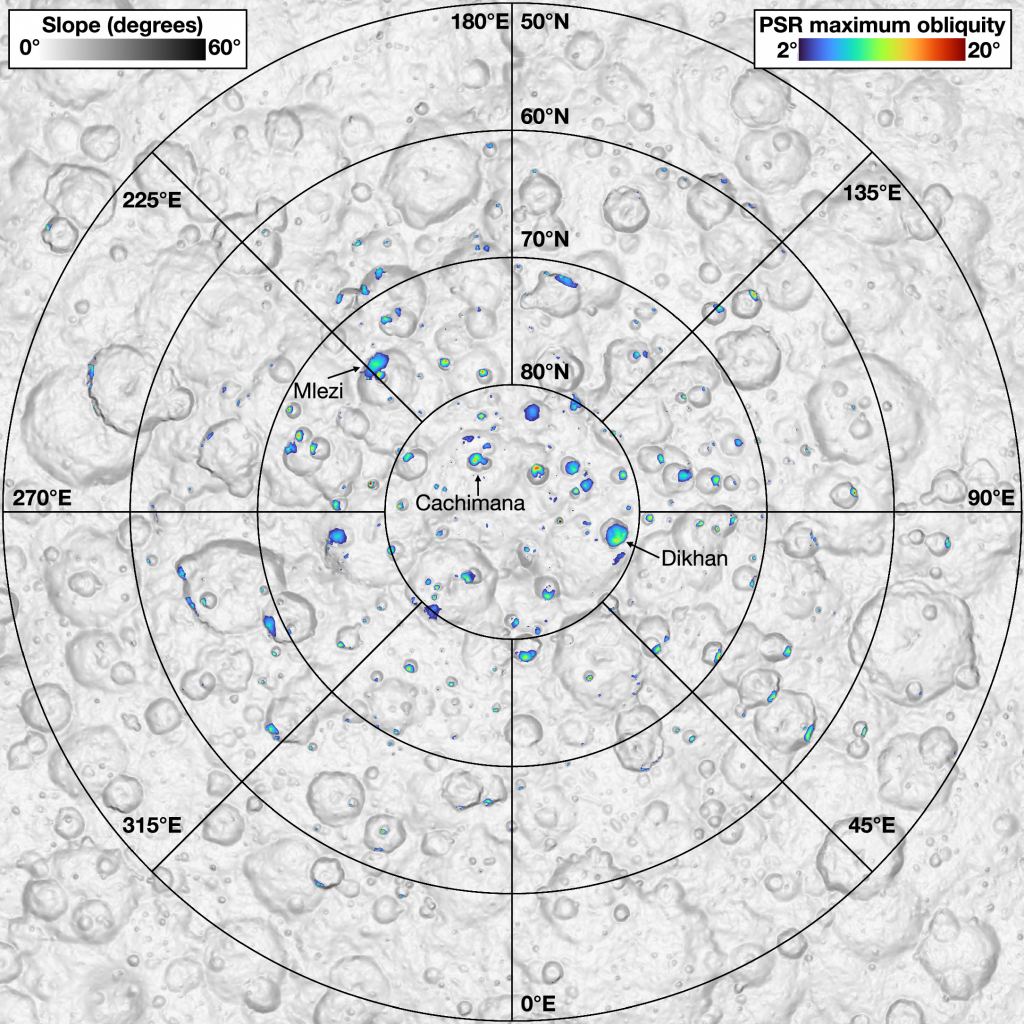 This figure from the research shows PSRs in the north-polar region of Ceres. The colour scale shows how oblique each crater is. The research shows that 14,000 years ago, none of these were PSRs, and the ice they hold now is only 6,000 years old. Image Credit: Schorghofer et al. 2023.