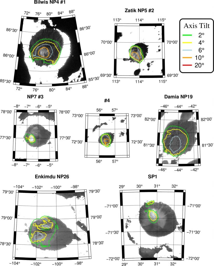 This figure from the study shows some of the DEMs the researchers developed for craters on Ceres. White regions represent sunlit areas, while the coloured contours represent PSRs for different axial tilts. Image Credit: Schorghofer et al. 2023.
