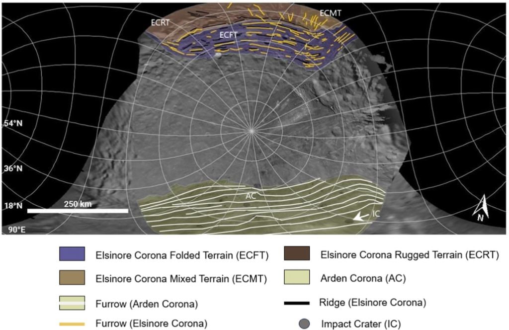This figure from the study shows some of Miranda's surface features. The moon is known for its coronae features, two of which are labelled here. Image Credit: Strom et al. 2024.