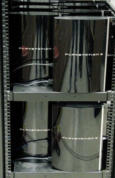 Front view of the cluster of PS3's. Credit: GravityGrid