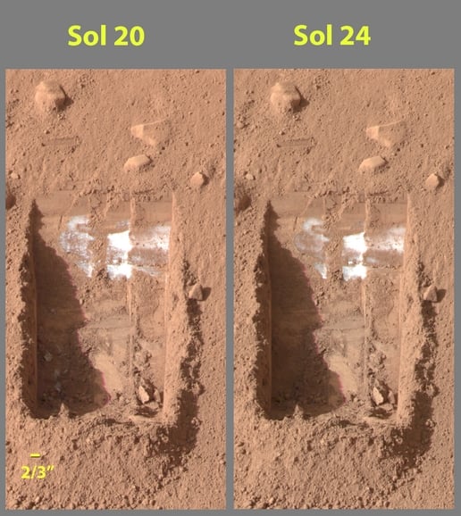 These color images were acquired by NASA's Phoenix Mars Lander's Surface Stereo Imager on the 21st and 25th days of the mission, or Sols 20 and 24 (June 15 and 19, 2008).
These images show sublimation of ice in the trench informally called