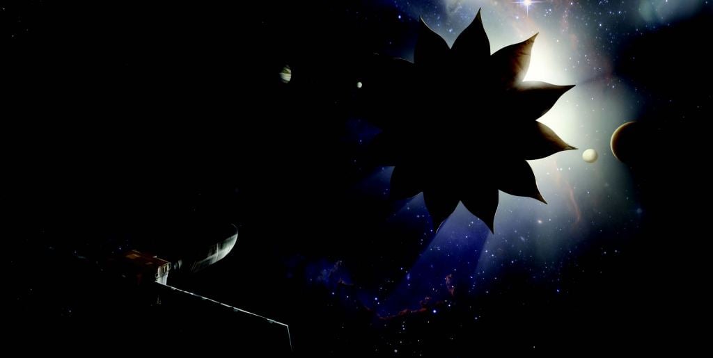 Artist’s rendition of a starshade blocking starlight from a nearby planetary system, enabling imagery of Earth-sized planets in the habitable zones around Sun-like stars. (Image Credit: Jay Wong, Los Angeles, California.)