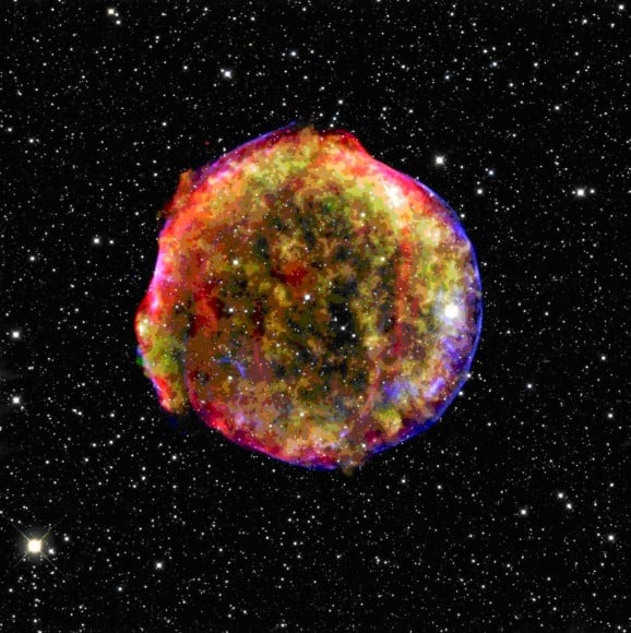 Tycho's Supernova Remnant. Credit: Spitzer, Chandra and Calar Alto Telescopes.