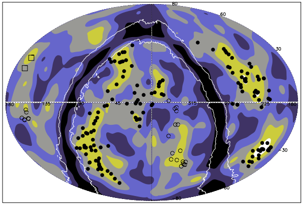 This figure from the research shows galaxy distribution in density gradients. The density ratio to the average density is shown by six contour levels: 0 - 0.23 (black), 0.23 - 0.62 (dark blue), 0.62 - 1.13 (light blue), 1.13 - 1.9 (grey), 1.9 - 3.7 (olive), and > 3.7 (white). The clusters of the five superstructures are overplotted with filled black circles. Image Credit: Bohringer et al. 2025.