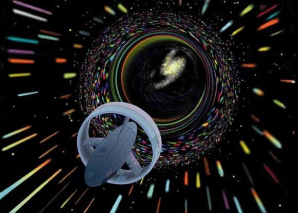 This artist's illustration shows a spacecraft using an Alcubierre Warp Drive to warp space and 'travel' faster than light. Image Credit: NASA