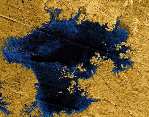 Titan's Ligeia Mare is the second largest liquid body on Titan. The researchers say that its coastline appears to be altered by wave-driven erosion. Image Credit: By NASA/JPL-Caltech/ASI/Cornell - http://photojournal.jpl.nasa.gov/catalog/PIA17031, Public Domain, https://commons.wikimedia.org/w/index.php?curid=26294960