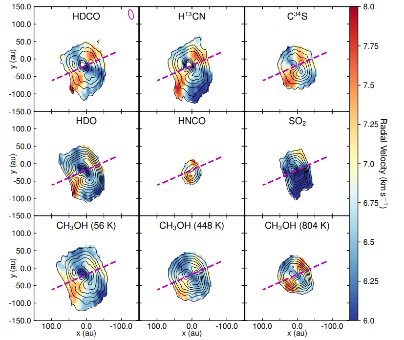 This figure from the study shows some of the molecules detected around VLA1, one of the stars in the binary pair. The team detected them in the warm gas in the protostellar envelope. Image Credit: Jørgensen, Kuruwita et al. 2022.