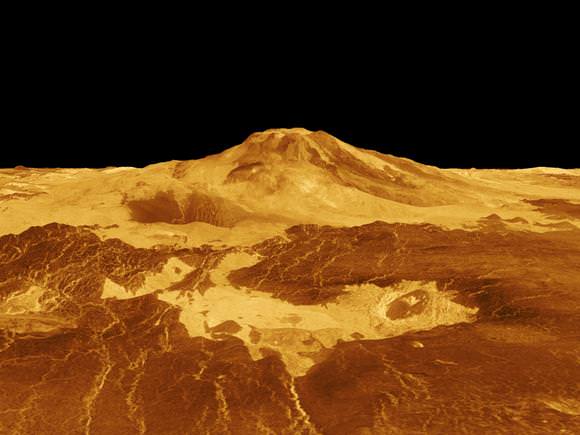 The colored overlay shows the emissivity derived from VIRTIS surface brightness data, acquired by ESA¹s Venus Express mission. The high emissivity area (shown in red and yellow) is centered on the summit and the bright flows that originate there. Image courtesy NASA/JPL-Caltech/ESA; image created by Ryan Ollerenshaw and Eric DeJong of the Solar System Visualization Group, JPL.