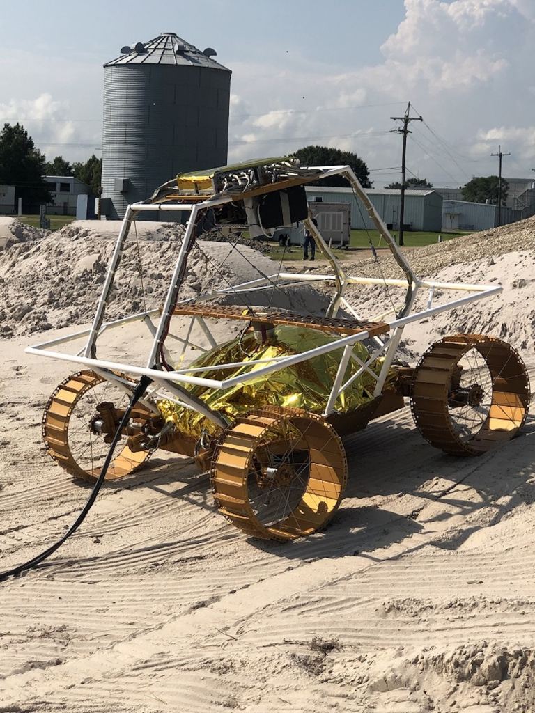 This is an engineering model of VIPER, called a mobility test-bed, created to evaluate the rover’s mobility system. The test-bed includes mobility units, and computing and motor controllers. Testing involves evaluating the rover's performance as it drives over various slopes, textures and soils that simulate the lunar environment.
Credits: NASA/Johnson Space Center