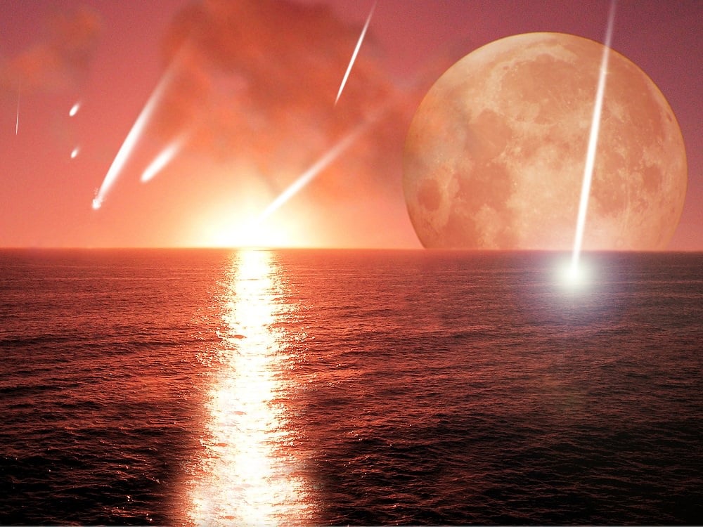 This is an artist's conception of asteroids or comets bearing water to a proto-Earth. This new research suggests that may not have been how Earth got the bulk of its water. Credit: Harvard-Smithsonian Center for Astrophysics