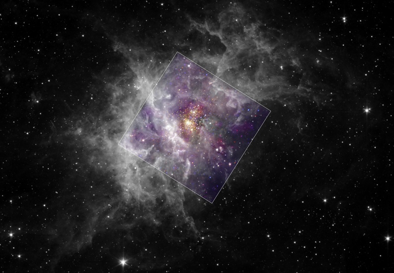 Westerlund 2 is in the center of this image, where the bright young stars are clearly visible. The surrounding gaseous, wispy structure is a star-forming nebula called RCW 49. This is a composite image. Infrared data from the Spitzer space telescope is shown in black and white, while Chandra x-ray data is shown in color, highlighting the dominant stars in the core of Westerlund 2. Image Credit: X-ray; Y.Nazé, G.Rauw, J.Manfroid (Université de Liège), CXC, NASA Infrared; E.Churchwell (University of Wisconsin), JPL, Caltech, NASA. Public Domain.